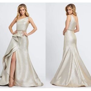 New ONE SHOULDER METALLIC RUFFLED EVENING GOWN